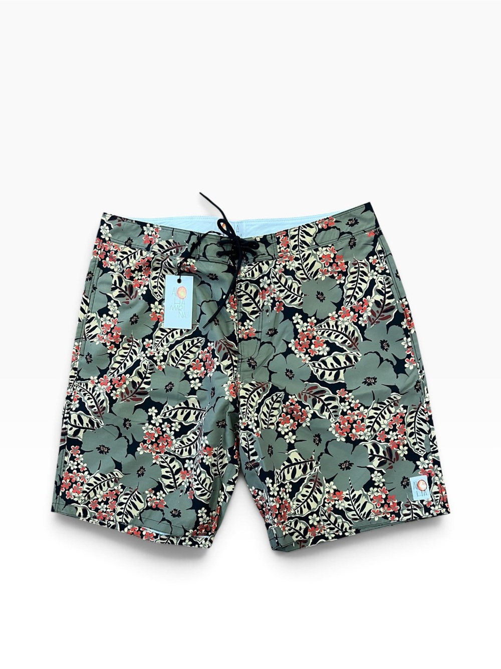ALOHA MARINA NWT Kaimuki - Grey Tropical Floral & Leaf Swim Board Shorts Size 32